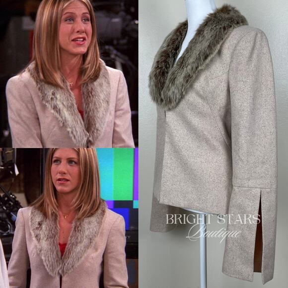Vintage Rare Jacket Faux Fur Wool Collar ASO Rachel Green Friends Beige Classic - Picture 2 of 12